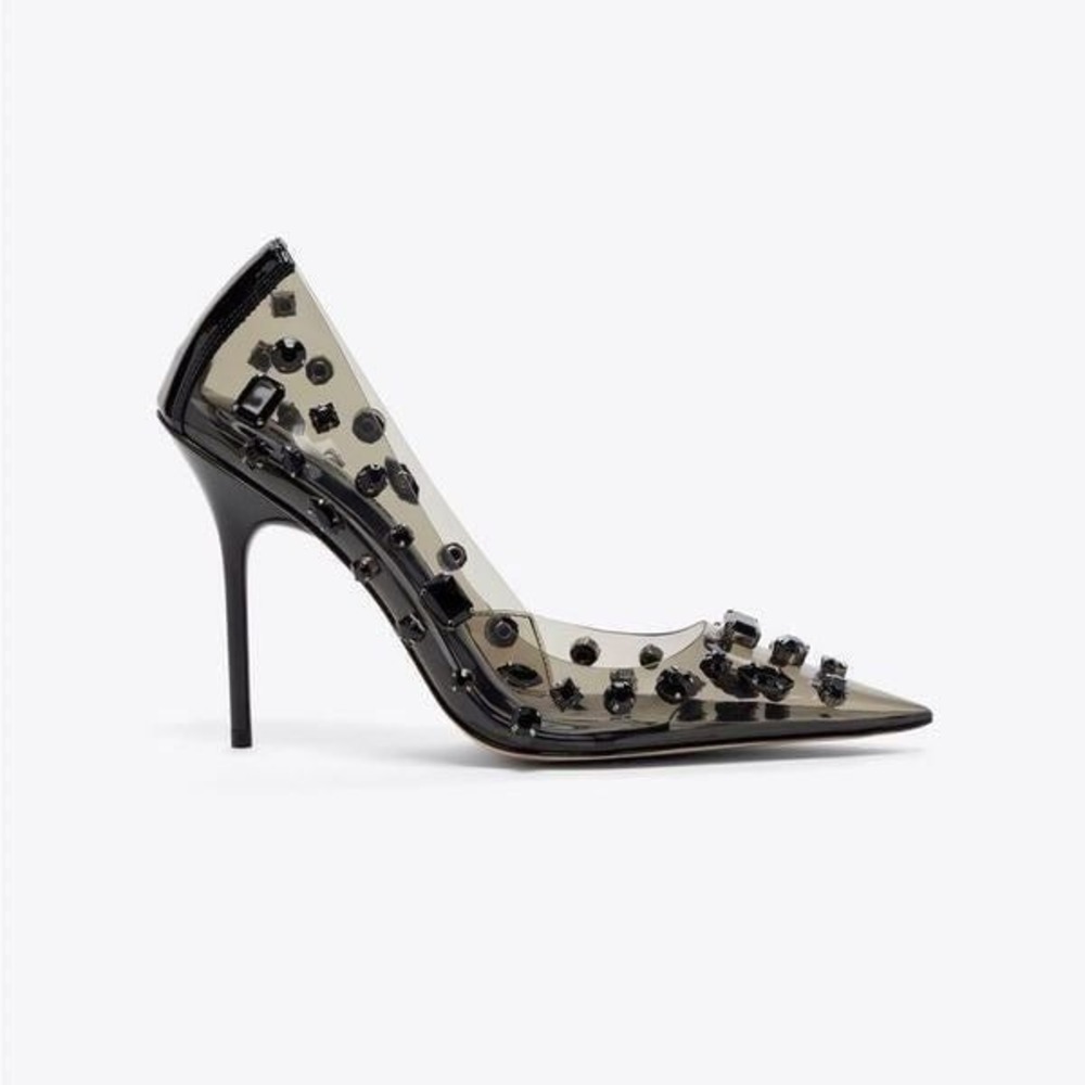 Good American Emma Heels Womens 5 Light Smoke NEW Jeweled Stiletto Pump